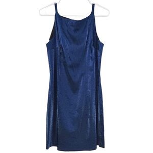 Be Smart Womens Blue Metallic Shimmer Sheath Dress Square Neck Size Medium